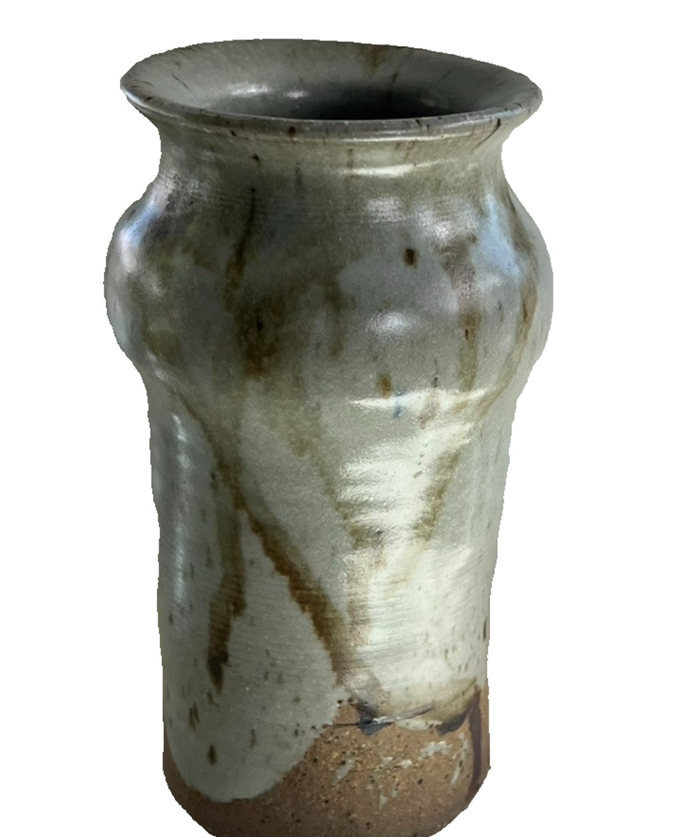 Studio Art Pottery Stoneware Tall Vase Glaze Brown Drips Signed By Carol R.